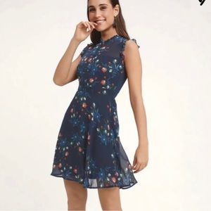 Lulus Porch Swing Skater Dress Size M Blue Floral Print Chiffon Ruffles Flared